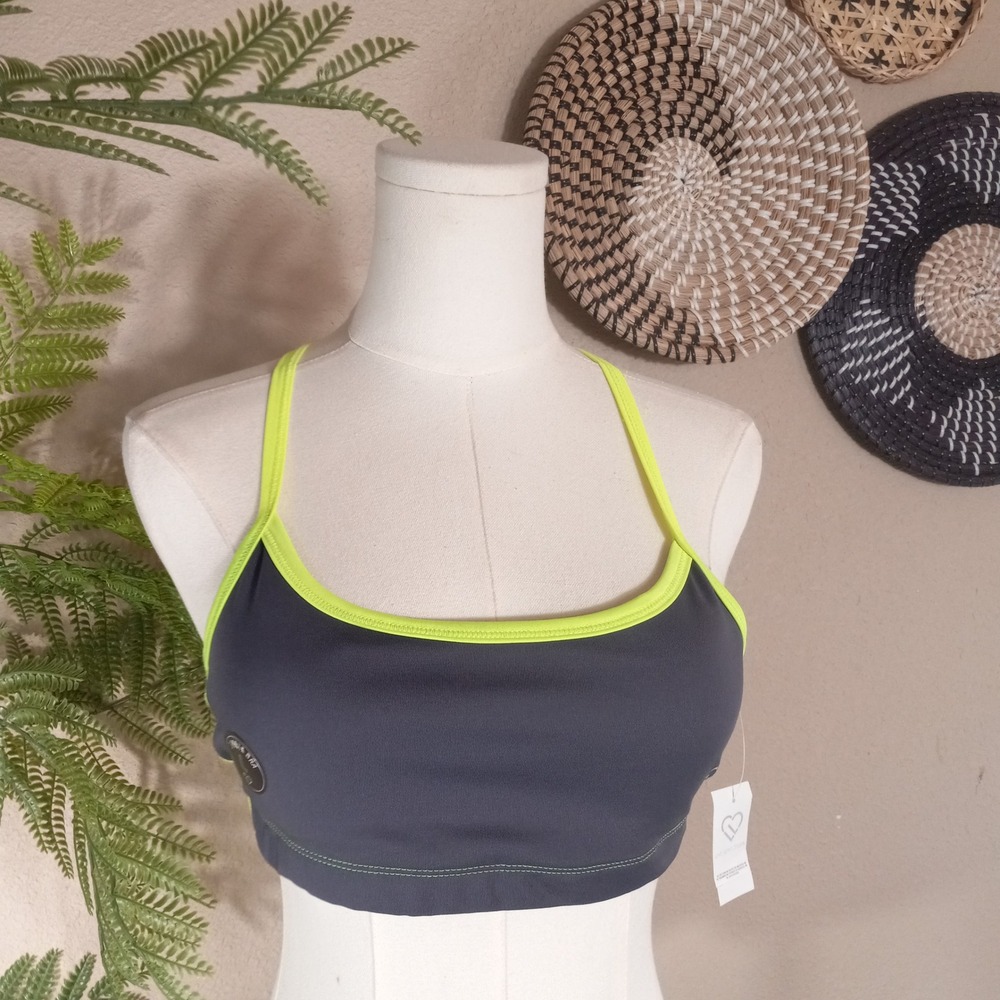 Live Love Dream Womens Sports‎ Bra Gray Neon Yellow Strappy Racerback Mesh Large